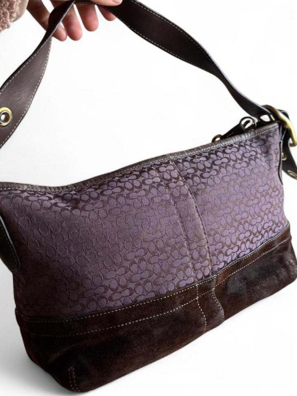 RARE COACH Y2K Legacy East West Shoulder Bag Purple Brown Monogram Suede Small - Picture 4 of 9